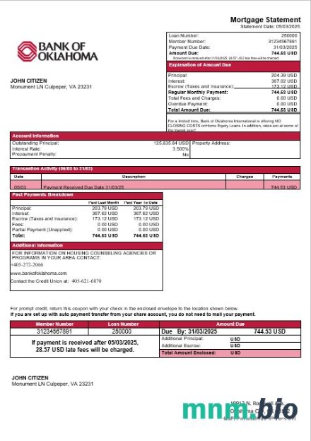 USA Bank of Oklahoma wyciąg z kredytu hipotecznego w formatach Word i PDF